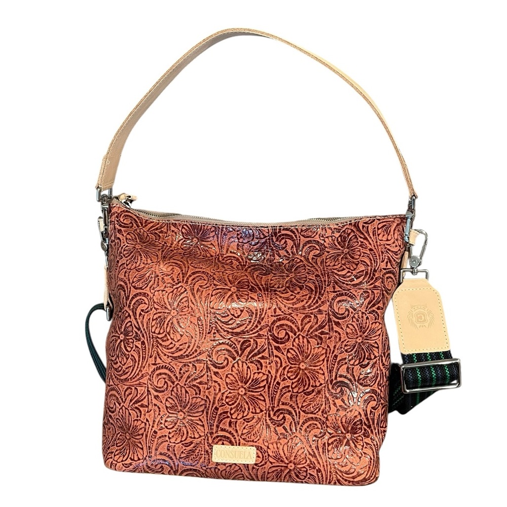 Consuela Brown Tooled Leather Sally Hobo Crossbody with leather & woven straps